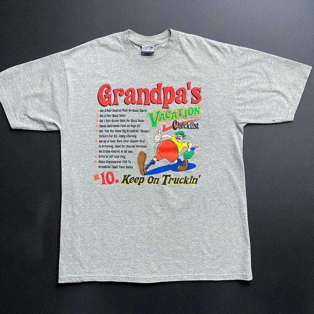 TSI Vintage Y2K Grandpa's Vacation Checklist Funny Gray T-Shirt Men's Size Large